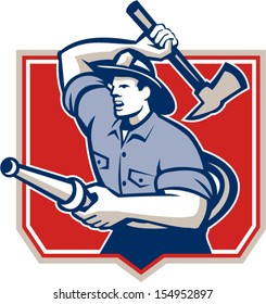 Illustration of a fireman fire fighter emergency worker with fire hose wielding a fire axe set inside crest shield done in retro style.