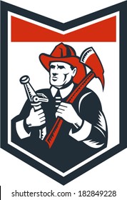 Illustration of a fireman fire fighter emergency worker looking up holding fire hose and fire axe inside shield done in retro woodcut style.