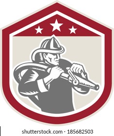 Illustration of a fireman fire fighter emergency worker with fire hose set inside shield crest shape done in retro woodcut style on isolated background.