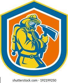 Illustration of a fireman fire fighter emergency worker holding a fire axe viewed from front set inside crest shield done in retro style.