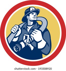 Illustration of a fireman fire fighter emergency worker holding fire hose over his shoulder viewed from front set inside circle done in retro style.