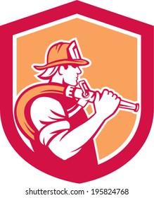 Illustration of a fireman fire fighter emergency worker holding fire hose over his shoulder viewed from the side set inside shield crest done in retro style.