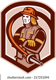 Illustration of a fireman fire fighter emergency worker folding arms with fire hose set inside shield crest on isolated background done in retro style.