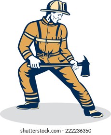Illustration of a fireman fire fighter emergency worker standing holding a fire axe looking to the side set on isolated white background done in retro style.