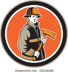 Illustration of a fireman fire fighter emergency worker holding a fire axe viewed from front set inside circle on isolated background done in retro style.