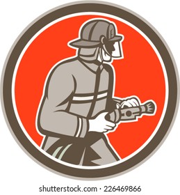 Illustration of a fireman fire fighter emergency worker with fire hose facing side set inside circle on isolated background done in retro style.