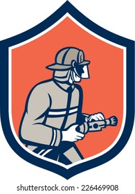 Illustration of a fireman fire fighter emergency worker with fire hose facing side set inside shield crest on isolated background done in retro style.