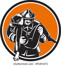 Illustration Of A Fireman Fire Fighter Emergency Worker Carrying Saving Girl Running Viewed From Front Set Inside Circle Done In Retro Woodcut Style. 