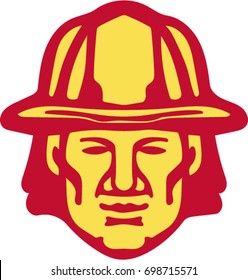 Illustration of a fireman fire fighter emergency worker head wearing hardhat viewed from front set on isolated white background done in retro style.