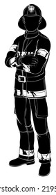 An illustration of a fireman or fire fighter standing with arms folded in silhouette