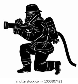 illustration of a fireman with a fire hose, black and white drawing, white background