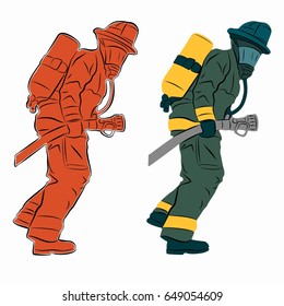 illustration of a fireman with a fire hose, color drawing, white background