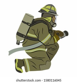 illustration of a fireman with a fire hose, colored drawing, white background