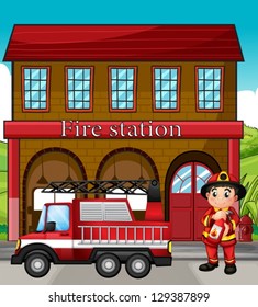 Illustration Of A Fireman With A Fire Truck In A Fire Station