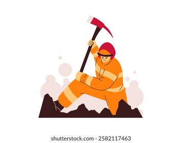 Illustration of an Fireman Firefighter digging with an axe