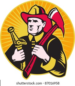 illustration of a fireman firefighter holding ax and fire hose set inside circle done in retro woodcut style