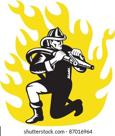 Illustration Of A Fireman Firefighter Kneeling Aim Fire Hose With Flames In Background Done In Retro Woodcut Style