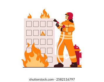 Illustration of an Fireman Firefighter putting out a building fire