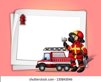 Illustration of a fireman holding an ax beside his fire truck with a white blank paper