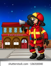 Illustration of a fireman holding an ax outside the fire station