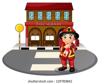 Illustration of a fireman holding a fire extinguisher on a white background