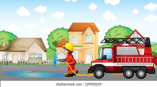 Illustration of a fireman holding a hose with a fire truck at the back