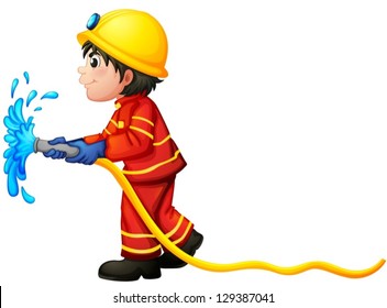 Ilustración de un bombero sosteniendo una manguera de agua sobre un fondo blanco