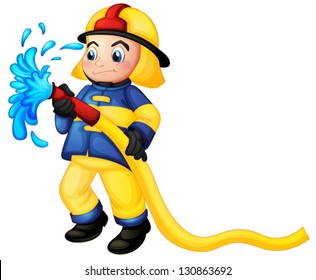 Illustration of a fireman holding a yellow water hose on a white background