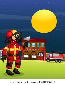 Ilustración de un bombero en medio de la noche