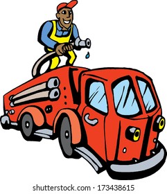 Illustration of a fireman on red utility truck
