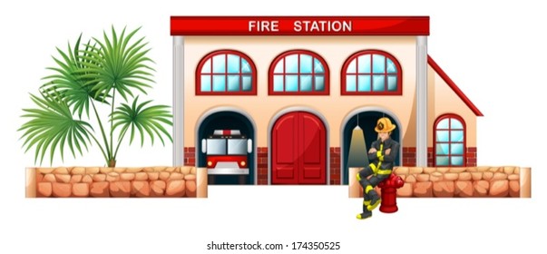 Illustration Of A Fireman Outside The Fire Station On A White Background