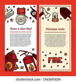 Illustration of fireman tools with copyspace. Template for an article or web banner with space for text and firefighter equipment. Extinguisher, hydrant, axe, shovel, alarm, walkie talkie