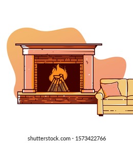 
illustration of a fireplace and chair