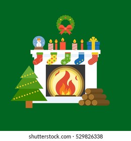 illustration of fireplace, christmas tree, garland, candle, socks, globe glass, present box, firewood for christmas holiday, flat design