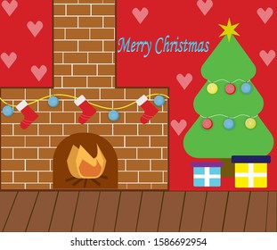 illustration of fireplace and Christmas tree with Merry Christmas greeting.