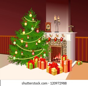 illustration of fireplace with gifts and decorated tree for christmas