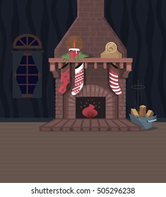 Illustration of a fireplace in the living room adorned with Christmas decorations.
