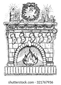 Illustration of fireplace with socks and Christmas decorations, hand drawn chimney with candles