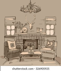 illustration with a fireplace and two armchairs