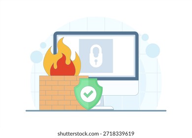 Illustration of firewall and network security protecting data and systems. Cybersecurity concept with secure network, data protection, and defense against cyber threats.
