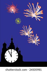 illustration with firework above city clock