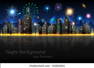 illustration of firework in night view of city