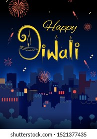 illustration of Firework on Indian cityscape for Happy Diwali Holiday background for light festival of India