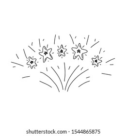 Illustration Of Fireworks In Doodle Style. Stars Fly From The Center. Illustration Of Joy And Celebration. Black And White Vector Illustration For Design And Decor. Hand Drawn Sketch.