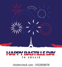 Illustration of fireworks and Eiffel Tower silhouette for Bastille Day, French national day. National celebration template for poster design, social media, and other publications.