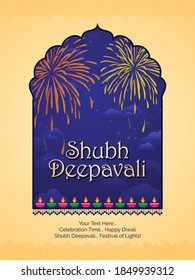 Illustration of Fireworks in Night Sky from Traditional Indian Decorative Window for Festival of Lights means lighten Diya Oil Lamp on the Occasion of Shubh Dipawali aka Happy Diwali with Wishesh.