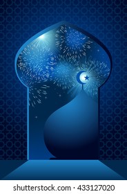 Illustration of fireworks seen from mosque window