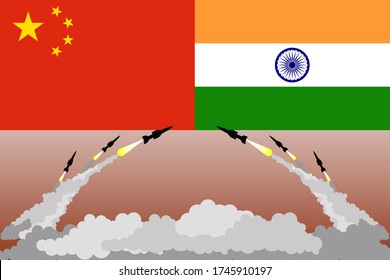 illustration of firing missiles on China and India flags background. China India conflict 2020 Asia crisis. China versus India. Good for template background, banner, poster, etc. Flat design.
 