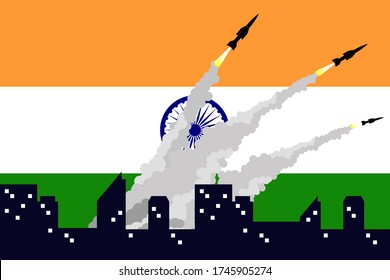 illustration of firing missiles on India flag background. India China crisis. missile India image. India versus China. Good for template background, banner, poster, etc. Flat design. vector EPS10.