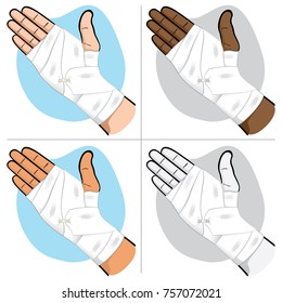 Illustration first aid hands with bandage bandage in the palm and wrist region, ethnicities. Ideal for medical, informative and institutional catalogs